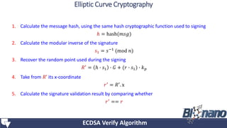 1. Calculate the message hash, using the same hash cryptographic function used to signing
ℎ = hash(𝑚𝑠𝑔)
2. Calculate the modular inverse of the signature
𝑠1 = 𝑠−1
(mod 𝑛)
3. Recover the random point used during the signing
𝑅′
= ℎ ∙ 𝑠1 ∙ 𝐺 + (𝑟 ∙ 𝑠1) ∙ 𝑘 𝑝
4. Take from 𝑅’ its x-coordinate
𝑟′
= 𝑅′
. x
5. Calculate the signature validation result by comparing whether
𝑟′ == 𝑟
ECDSA Verify Algorithm
Elliptic Curve Cryptography
 
