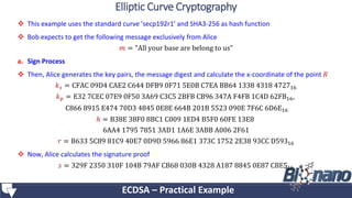  This example uses the standard curve 'secp192r1’ and SHA3-256 as hash function
 Bob expects to get the following message exclusively from Alice
𝑚 = "All your base are belong to us"
a. Sign Process
 Then, Alice generates the key pairs, the message digest and calculate the x-coordinate of the point 𝑅
𝑘 𝑠 = CFAC 09D4 CAE2 C644 DFB9 0F71 5E0B C7EA BB64 1338 4318 472716
𝑘 𝑝 = E32 7CEC 07E9 0F50 3A69 C3C5 2BFB CB96 347A F4FB 1C4D 62FB16,
C866 8915 E474 70D3 4845 0E8E 664B 201B 5523 090E 7F6C 6D6E16
ℎ = B38E 38F0 8BC1 C009 1ED4 B5F0 60FE 13E8
6AA4 1795 7851 3AD1 1A6E 3ABB A006 2F61
𝑟 = B633 5C89 81C9 40E7 0D9D 5966 86E1 373C 1752 2E38 93CC D59316
 Now, Alice calculates the signature proof
𝑠 = 329F 2350 310F 104B 79AF CB68 030B 4328 A187 8845 0E87 CBE516
ECDSA – Practical Example
Elliptic Curve Cryptography
 