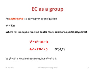 EC as a group
An Elliptic Curve is a curve given by an equation
y2 = f(x)

Where f(x) is a square-free (no double roots) cubic or a quartic polynomial

y2 = x3 + ax + b
4a3 + 27b2 ≠ 0

EC(-3,2)

So y2 = x3 is not an elliptic curve, but y2 = x3-1 is

06-Nov-2013

ECC and Zero Knowledge Proof

21

 