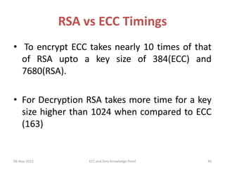RSA vs ECC Timings
• To encrypt ECC takes nearly 10 times of that
of RSA upto a key size of 384(ECC) and
7680(RSA).
• For Decryption RSA takes more time for a key
size higher than 1024 when compared to ECC
(163)

06-Nov-2013

ECC and Zero Knowledge Proof

40

 