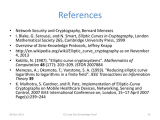 References
• Network Security and Cryptography, Bernard Menezes
• I. Blake, G. Seroussi, and N. Smart, Elliptic Curves in Cryptography, London
Mathematical Society 265, Cambridge University Press, 1999
• Overview of Zero-Knowledge Protocols, Jeffrey Knapp
• http://en.wikipedia.org/wiki/Elliptic_curve_cryptography as on November
4, 2013
• Koblitz, N. (1987). "Elliptic curve cryptosystems". Mathematics of
Computation 48 (177): 203–209. JSTOR 2007884
• Menezes, A.; Okamoto, T.; Vanstone, S. A. (1993). "Reducing elliptic curve
logarithms to logarithms in a finite field". IEEE Transactions on Information
Theory 39
• K. Malhotra, S. Gardner, and R. Patz, Implementation of Elliptic-Curve
Cryptography on Mobile Healthcare Devices, Networking, Sensing and
Control, 2007 IEEE International Conference on, London, 15–17 April 2007
Page(s):239–244

06-Nov-2013

ECC and Zero Knowledge Proof

55

 