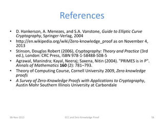 References
• D. Hankerson, A. Menezes, and S.A. Vanstone, Guide to Elliptic Curve
Cryptography, Springer-Verlag, 2004
• http://en.wikipedia.org/wiki/Zero-knowledge_proof as on November 4,
2013
• Stinson, Douglas Robert (2006), Cryptography: Theory and Practice (3rd
ed.), London: CRC Press, ISBN 978-1-58488-508-5
• Agrawal, Manindra; Kayal, Neeraj; Saxena, Nitin (2004). "PRIMES is in P".
Annals of Mathematics 160 (2): 781–793.
• Theory of Computing Course, Cornell University 2009, Zero knowledge
proofs
• A Survey of Zero-Knowledge Proofs with Applications to Cryptography,
Austin Mohr Southern Illinois University at Carbondale

06-Nov-2013

ECC and Zero Knowledge Proof

56

 