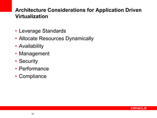 Architecture Considerations for Application Driven
Virtualization

•   Leverage Standards
•   Allocate Resources Dynamically
•   Availability
•   Management
•   Security
•   Performance
•   Compliance




         10
 