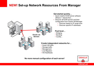 NEW! Set-up Network Resources From Manager

                                                Get started quickly…
                                                • Quick install of OVM server software
                                                  (90secs + reboot) then…
                                                • Discover all OVM servers and their
                                                  configuration from Oracle VM Manager
                                                     • Discover based on IP range scan
                                                     • Discover specific IP addresses


                                                    Pool level…
                                                    • Bridging
                 Oracle VM                          • Bonding
                  Servers                           • VLANs…



                             Create independent networks for…
                             •   Guest VM traffic
                             •   Storage traffic
                             •   Management
                             •   Live Migration
                             •   HA Heartbeats


         No more manual configuration of each server!
                                                                                     3.0
 