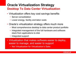 Oracle Virtualization Strategy
Desktop To Data Center Virtualization
• Virtualization offers key cost savings benefits
  • Server consolidation
  • Lower energy, facility and labor costs

• Oracle’s virtualization strategy offers much more
  • Most comprehensive desktop to data center product portfolio
  • Integrated management of the full hardware and software
    stack from applications to disk
  • Integrated support

• Virtualization that makes software easier to deploy,
  easier to manage, and easier to support
  • Not Virtualization for Virtualization’s Sake
 