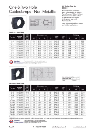 UK Design Reg. No:
355854
Manufactured as standard in
Black Polypropylene (B) or Black
Flame Retardant V0 Zero Halogen
Phosphorus Free Nylon (LSF) or
to special order in a London
Underground Approved
Material (LUL).
Used to fix power cables in indoor
and outdoor applications.
One & Two Hole
Cableclamps - Non Metallic
One Hole Cableclamp
Part No.
Material
Suffix
Cable
Dia
Range
mm
Dimensions mm
Fixing
Holes
Pack
Qty
Weight g
W H D E B LSF LUL
1F-10 B/LSF/LUL 10-13 37.8 27.0 41.4 10.2 1 x M10 100 14.6 19.6 23.8
1F-11 B/LSF/LUL 13-16 41.2 30.0 41.4 10.4 1 x M10 100 17.0 23.0 27.7
1F-12 B/LSF/LUL 16-19 44.3 33.0 41.4 10.7 1 x M10 100 19.6 26.4 32.0
1F-13 B/LSF/LUL 19-23 48.2 36.0 41.4 10.9 1 x M10 100 22.4 30.2 36.5
1F-14 B/LSF/LUL 23-27 52.2 40.0 41.4 11.3 1 x M10 100 25.8 34.6 42.0
1F-15 B/LSF/LUL 27-32 57.1 44.0 41.4 11.6 1 x M10 100 29.2 39.0 47.6
1F-16 B/LSF/LUL 32-38 63.1 49.0 41.4 12.1 1 x M10 100 34.2 46.2 55.7
1F-17 B/LSF/LUL 38-46 71.3 58.0 41.4 12.9 1 x M10 50 47.8 64.0 77.9
1F-18 B/LSF/LUL 46-51 77.3 67.0 41.4 13.5 1 x M10 50 54.0 73.2 88.0
1F-19 B/LSF/LUL 51-57 83.2 72.0 41.4 13.9 1 x M10 50 59.0 80.4 96.2
Two Hole Cableclamp
Part No.
Material
Suffix
Cable
Dia
Range
mm
Dimensions mm
Fixing
Holes
Pack
Qty
Weight g
W H D P B LSF LUL
2F-07 B/LSF/LUL 38-46 92 60 54 68 2 x M10 25 73.0 91.0 119.0
2F-08 B/LSF/LUL 46-51 103 71 54 79 2 x M10 25 80.9 109.9 132.0
2F-09 B/LSF/LUL 51-57 103 76 54 79 2 x M10 25 95.0 119.0 155.0
2F-10 B/LSF/LUL 57-64 103 82 54 79 2 x M10 25 89.1 122.5 156.5
2F-11 B/LSF/LUL 64-70 130 89 54 106 2 x M10 15 116.0 157.3 189.0
2F-1200 B/LSF/LUL 70-76 130 95 54 106 2 x M10 15 124.0 167.3 202.0
2F-1201 B/LSF/LUL 76-83 130 100 54 106 2 x M10 10 126.0 170.0 205.0
2F-1202 B/LSF/LUL 83-90 130 108 54 106 2 x M10 10 128.0 172.0 208.0
2F-131 B/LSF/LUL 90-97 150 115 54 126 2 x M10 5 152.0 208.0 248.0
2F-132 B/LSF/LUL 97-105 150 122 54 126 2 x M10 5 156.0 208.0 254.0
2F-141 B/LSF/LUL 105-112 161 130 54 135 2 x M10 5 179.5 238.8 292.2
2F-142 B/LSF/LUL 112-120 169 138 54 143 2 x M10 5 193.5 261.0 315.4
2F-151 B/LSF/LUL 120-128 177 148 54 151 2 x M10 5 212.2 280.0 346.0
2F-152 B/LSF/LUL 128-135 185 158 54 158 2 x M10 5 228.5 304.4 372.4
Page 21	 T. +44 (0)1944 758395 sales@ellispatents.co.uk www.ellispatents.co.uk
The LUL version of the 1F One Hole Cableclamps are
compliant with the requirement of London Underground
Standard 1-085. Product Register No. 363.
The LUL version of the 2F One Hole Cableclamps are
compliant with the requirement of London Underground
Standard 1-085. Product Register No. 364.
Please note:
These cable clamps now replace our previous 1H & 2H versions, however the H range can still be supplied on special request to complete ongoing contracts.
Max S/C Test Level
(Multi-core Cable)
Cleat Spacing
76kA 600mm
 