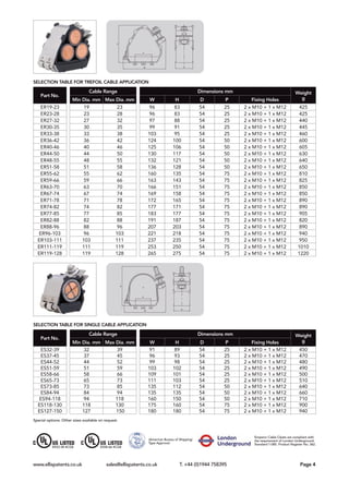 Selection table for Trefoil Cable Application
Part No.
Cable Range Dimensions mm Weight
gMin Dia. mm Max Dia. mm W H D P Fixing Holes
ER19-23 19 23 96 83 54 25 2 x M10 + 1 x M12 425
ER23-28 23 28 96 83 54 25 2 x M10 + 1 x M12 425
ER27-32 27 32 97 88 54 25 2 x M10 + 1 x M12 440
ER30-35 30 35 99 91 54 25 2 x M10 + 1 x M12 445
ER33-38 33 38 103 95 54 25 2 x M10 + 1 x M12 460
ER36-42 36 42 124 100 54 50 2 x M10 + 1 x M12 600
ER40-46 40 46 125 106 54 50 2 x M10 + 1 x M12 605
ER44-50 44 50 130 117 54 50 2 x M10 + 1 x M12 630
ER48-55 48 55 132 121 54 50 2 x M10 + 1 x M12 640
ER51-58 51 58 136 128 54 50 2 x M10 + 1 x M12 650
ER55-62 55 62 160 135 54 75 2 x M10 + 1 x M12 810
ER59-66 59 66 163 143 54 75 2 x M10 + 1 x M12 825
ER63-70 63 70 166 151 54 75 2 x M10 + 1 x M12 850
ER67-74 67 74 169 158 54 75 2 x M10 + 1 x M12 850
ER71-78 71 78 172 165 54 75 2 x M10 + 1 x M12 890
ER74-82 74 82 177 171 54 75 2 x M10 + 1 x M12 890
ER77-85 77 85 183 177 54 75 2 x M10 + 1 x M12 905
ER82-88 82 88 191 187 54 75 2 x M10 + 1 x M12 820
ER88-96 88 96 207 203 54 75 2 x M10 + 1 x M12 890
ER96-103 96 103 221 218 54 75 2 x M10 + 1 x M12 940
ER103-111 103 111 237 235 54 75 2 x M10 + 1 x M12 950
ER111-119 111 119 253 250 54 75 2 x M10 + 1 x M12 1010
ER119-128 119 128 265 275 54 75 2 x M10 + 1 x M12 1220
www.ellispatents.co.uk	 sales@ellispatents.co.uk T. +44 (0)1944 758395	 	 Page 4
Selection table for Single Cable Application
Part No.
Cable Range Dimensions mm Weight
gMin Dia. mm Max Dia. mm W H D P Fixing Holes
ES32-39 32 39 91 89 54 25 2 x M10 + 1 x M12 450
ES37-45 37 45 96 93 54 25 2 x M10 + 1 x M12 470
ES44-52 44 52 99 98 54 25 2 x M10 + 1 x M12 480
ES51-59 51 59 103 102 54 25 2 x M10 + 1 x M12 490
ES58-66 58 66 109 101 54 25 2 x M10 + 1 x M12 500
ES65-73 65 73 111 103 54 25 2 x M10 + 1 x M12 510
ES73-85 73 85 135 112 54 50 2 x M10 + 1 x M12 640
ES84-94 84 94 135 135 54 50 2 x M10 + 1 x M12 660
ES94-118 94 118 160 150 54 50 2 x M10 + 1 x M12 710
ES118-130 118 130 175 160 54 75 2 x M10 + 1 x M12 900
ES127-150 127 150 180 180 54 75 2 x M10 + 1 x M12 940
Special options: Other sizes available on request.
ER33-38 4CG8 ES58-66 4CG8
Emperor Cable Cleats are compliant with
the requirement of London Underground
Standard 1-085. Product Register No. 362.
(American Bureau of Shipping)
Type Approval.
 