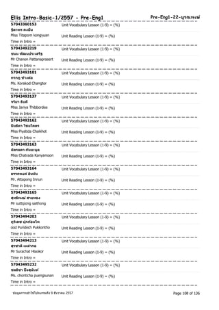 Ellis Intro-Basic-1/2557 - Pre-Eng1 Pre-Eng1-22-บูรณพงษ์ 
57043360153 Unit Vocabulary Lesson (1-9) = (%) 
ฐติาพร คงยนื 
Miss Titaporn kongyuan Unit Reading Lesson (1-9) = (%) 
Time in Intro = 
57043492219 Unit Vocabulary Lesson (1-9) = (%) 
ชนน พฒันประเสรฐิ 
Mr Chanon Pattanaprasert Unit Reading Lesson (1-9) = (%) 
Time in Intro = 
57043493101 Unit Vocabulary Lesson (1-9) = (%) 
กรกฎ ช่างต่อ 
Ms. Korakod Changtor Unit Reading Lesson (1-9) = (%) 
Time in Intro = 
57043493137 Unit Vocabulary Lesson (1-9) = (%) 
จรยิา ธบิดี 
Miss Jariya Thibbordee Unit Reading Lesson (1-9) = (%) 
Time in Intro = 
57043493162 Unit Vocabulary Lesson (1-9) = (%) 
ปิยธดิา ไชยโคตร 
Miss Piyatida Chaikhot Unit Reading Lesson (1-9) = (%) 
Time in Intro = 
57043493163 Unit Vocabulary Lesson (1-9) = (%) 
ฉตัรลดา กนัยะมูล 
Miss Chatrada Kanyamoon Unit Reading Lesson (1-9) = (%) 
Time in Intro = 
57043493164 Unit Vocabulary Lesson (1-9) = (%) 
อรรถพงค ์อนินนั 
Mr. Attapong Innun Unit Reading Lesson (1-9) = (%) 
Time in Intro = 
57043493165 Unit Vocabulary Lesson (1-9) = (%) 
สุทธพิงษ ์สายทอง 
Mr suttipong saithong Unit Reading Lesson (1-9) = (%) 
Time in Intro = 
57043494203 Unit Vocabulary Lesson (1-9) = (%) 
ภูรเิดช ปุกกอ้นโท 
ood Puridech Pukkontho Unit Reading Lesson (1-9) = (%) 
Time in Intro = 
57043494213 Unit Vocabulary Lesson (1-9) = (%) 
สุรชาติเหล่ากอ 
Mr Surachat Hlaokor Unit Reading Lesson (1-9) = (%) 
Time in Intro = 
57043495232 Unit Vocabulary Lesson (1-9) = (%) 
ชลธชิา ปึงสุนนัท์ 
Ms. chonticha puengsunan Unit Reading Lesson (1-9) = (%) 
Time in Intro = 
ขอ้มูลการเขา้ใชโ้ปรแกรมถึง 9 ธันวาคม 2557 Page 108 of 136 
 