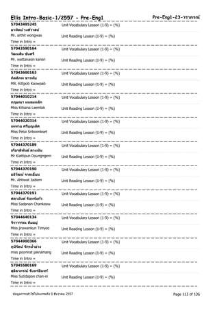 Ellis Intro-Basic-1/2557 - Pre-Eng1 Pre-Eng1-23-วราภรณ์ 
57043495245 Unit Vocabulary Lesson (1-9) = (%) 
อาทติย ์วงศว์าสน์ 
Mr. arthit wongwas Unit Reading Lesson (1-9) = (%) 
Time in Intro = 
57043590164 Unit Vocabulary Lesson (1-9) = (%) 
วฒันสนิ ขนัศรี 
Mr. wattanasin kansri Unit Reading Lesson (1-9) = (%) 
Time in Intro = 
57043600163 Unit Vocabulary Lesson (1-9) = (%) 
กติตภิพ ขาวพบั 
MR. Kittpob Kaowpab Unit Reading Lesson (1-9) = (%) 
Time in Intro = 
57044010214 Unit Vocabulary Lesson (1-9) = (%) 
กฤษณา แหลมหลกั 
Miss Kitsana Laemlak Unit Reading Lesson (1-9) = (%) 
Time in Intro = 
57044020314 Unit Vocabulary Lesson (1-9) = (%) 
เพทาย ศรบีุญเลศิ 
Miss Petai Sriboonleart Unit Reading Lesson (1-9) = (%) 
Time in Intro = 
57044370189 Unit Vocabulary Lesson (1-9) = (%) 
เกยีรตพินัธ ์ดวงเงนิ 
Mr Kiattipun Doungngern Unit Reading Lesson (1-9) = (%) 
Time in Intro = 
57044370190 Unit Vocabulary Lesson (1-9) = (%) 
อธวิฒัน ์จาดเอี่ยม 
Mr. Ahtiwat Jadiem Unit Reading Lesson (1-9) = (%) 
Time in Intro = 
57044370191 Unit Vocabulary Lesson (1-9) = (%) 
ศดานนัต ์จนัทรแ์กว้ 
Miss Sadanan Chankeaw Unit Reading Lesson (1-9) = (%) 
Time in Intro = 
57044640134 Unit Vocabulary Lesson (1-9) = (%) 
จริาวรรณ ทมิอยู่ 
Miss jirawankun Timyoo Unit Reading Lesson (1-9) = (%) 
Time in Intro = 
57044900366 Unit Vocabulary Lesson (1-9) = (%) 
ภูนริตัน ์จกัรนา้อ่าง 
miss poonirat jaknamang Unit Reading Lesson (1-9) = (%) 
Time in Intro = 
57045580169 Unit Vocabulary Lesson (1-9) = (%) 
สุธดิาภรณ์ จนัทรอ์นิทร์ 
Miss Sutidapon chan-in Unit Reading Lesson (1-9) = (%) 
Time in Intro = 
ขอ้มูลการเขา้ใชโ้ปรแกรมถึง 9 ธันวาคม 2557 Page 113 of 136 
 
