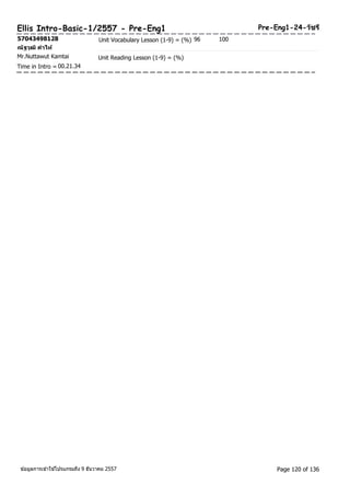 Ellis Intro-Basic-1/2557 - Pre-Eng1 Pre-Eng1-24-วชัรี 
57043498128 Unit Vocabulary Lesson (1-9) = (%) 96 100 
ณัฐวุฒิคา ไท้ 
Mr.Nuttawut Kamtai Unit Reading Lesson (1-9) = (%) 
Time in Intro = 00.21.34 
ขอ้มูลการเขา้ใชโ้ปรแกรมถึง 9 ธันวาคม 2557 Page 120 of 136 
 