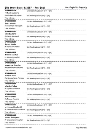 Ellis Intro-Basic-1/2557 - Pre-Eng1 Pre-Eng1-09-ปัญญณัฐ 
57044420109 Unit Vocabulary Lesson (1-9) = (%) 
เจวรนิทร ์เม่นตน้สาย 
Miss Jewarin Mentonsay Unit Reading Lesson (1-9) = (%) 
Time in Intro = 
57044420204 Unit Vocabulary Lesson (1-9) = (%) 
บุญนา มณีแกม 
mr. boonnam maneegam Unit Reading Lesson (1-9) = (%) 
Time in Intro = 
57044570137 Unit Vocabulary Lesson (1-9) = (%) 
ธนทั เอยี่มสอาด 
M.r tanut aiamsaard Unit Reading Lesson (1-9) = (%) 
Time in Intro = 
57044610139 Unit Vocabulary Lesson (1-9) = (%) 
คณัฐกิร ไชยตนั 
Mr. kantikorn chaiton Unit Reading Lesson (1-9) = (%) 
Time in Intro = 
57044610368 Unit Vocabulary Lesson (1-9) = (%) 
ศกัดาพล มณเทยีร 
mr sakdapon montien Unit Reading Lesson (1-9) = (%) 
Time in Intro = 
57044640258 Unit Vocabulary Lesson (1-9) = (%) 
เบญจวรรณ ขนัทะศลิา 
Miss Benjawan Khantasila Unit Reading Lesson (1-9) = (%) 
Time in Intro = 
57044990103 Unit Vocabulary Lesson (1-9) = (%) 
กมลชนก ผนิผนั 
Ms. Kamonchanok Phinphan Unit Reading Lesson (1-9) = (%) 
Time in Intro = 
57044990284 Unit Vocabulary Lesson (1-9) = (%) 
อภชิาติศรีวเิชียร 
Mr. Apichat Sriwichiar Unit Reading Lesson (1-9) = (%) 
Time in Intro = 
57044990296 Unit Vocabulary Lesson (1-9) = (%) 
ทวิารตัน ์ยาวชิยั 
Ms Tiwarut Yawichai Unit Reading Lesson (1-9) = (%) 
Time in Intro = 
57046561111 Unit Vocabulary Lesson (1-9) = (%) 
ณุรากร ฤกษร์ตันประทปี 
Mr. Nurakorn Rerrattanaphat Unit Reading Lesson (1-9) = (%) 
Time in Intro = 
57046651118 Unit Vocabulary Lesson (1-9) = (%) 
ธนวฒัน ์ชานาญพนัธ์ 
Mr tanawat shamnanphan Unit Reading Lesson (1-9) = (%) 
Time in Intro = 
ขอ้มูลการเขา้ใชโ้ปรแกรมถึง 9 ธันวาคม 2557 Page 49 of 136 
 