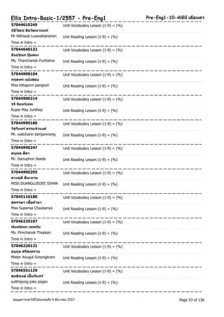 Ellis Intro-Basic-1/2557 - Pre-Eng1 Pre-Eng1-10-พชินิีเดอืนดา 
57044610249 Unit Vocabulary Lesson (1-9) = (%) 
นธิวิฒัน ์ลอืวฒันานนท์ 
Mr Nithiwat Luawattananon Unit Reading Lesson (1-9) = (%) 
Time in Intro = 
57044640132 Unit Vocabulary Lesson (1-9) = (%) 
ธนัยช์นก ปุ้มตมะ 
Ms. Thanchanok Pumtama Unit Reading Lesson (1-9) = (%) 
Time in Intro = 
57044900104 Unit Vocabulary Lesson (1-9) = (%) 
กฤตพร แปงสอน 
Miss kittaporn pangson Unit Reading Lesson (1-9) = (%) 
Time in Intro = 
57044900214 Unit Vocabulary Lesson (1-9) = (%) 
รุจีจนัทรเ์ทพ 
Rujee May Junthep Unit Reading Lesson (1-9) = (%) 
Time in Intro = 
57044990186 Unit Vocabulary Lesson (1-9) = (%) 
วชัรนิทร ์ธรรมจานงค์ 
Mr. watcharin tamjamnong Unit Reading Lesson (1-9) = (%) 
Time in Intro = 
57044990247 Unit Vocabulary Lesson (1-9) = (%) 
ดนุพล สดีา 
Mr. Danuphon Seeda Unit Reading Lesson (1-9) = (%) 
Time in Intro = 
57044990295 Unit Vocabulary Lesson (1-9) = (%) 
ดวงฤดีสหีะนาม 
MISS DUANGLUEDEE SIHAN Unit Reading Lesson (1-9) = (%) 
Time in Intro = 
57045110180 Unit Vocabulary Lesson (1-9) = (%) 
สุพรรษา เชื้อคา ยา 
Miss Supansa Chaukanya Unit Reading Lesson (1-9) = (%) 
Time in Intro = 
57046220107 Unit Vocabulary Lesson (1-9) = (%) 
พมิพช์นก เทพกนั 
Ms. Pimchanok Thepkan Unit Reading Lesson (1-9) = (%) 
Time in Intro = 
57046220121 Unit Vocabulary Lesson (1-9) = (%) 
อนุกูล ศรสีงคราม 
Mister Anugul Srisongkram Unit Reading Lesson (1-9) = (%) 
Time in Intro = 
57046551129 Unit Vocabulary Lesson (1-9) = (%) 
สุทธพิงษ์ เปี้ยจนัทร์ 
sutthipong joke piajan Unit Reading Lesson (1-9) = (%) 
Time in Intro = 
ขอ้มูลการเขา้ใชโ้ปรแกรมถึง 9 ธันวาคม 2557 Page 53 of 136 
 