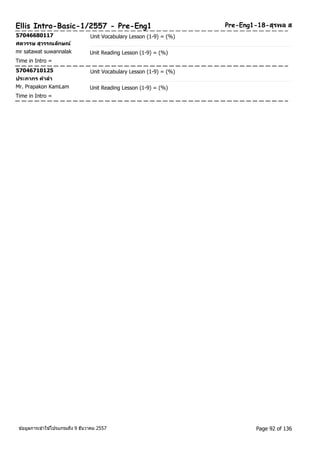 Ellis Intro-Basic-1/2557 - Pre-Eng1 Pre-Eng1-18-สุรพล ส 
57046680117 Unit Vocabulary Lesson (1-9) = (%) 
ศตวรรษ สุวรรณลกัษณ์ 
mr satawat suwannalak Unit Reading Lesson (1-9) = (%) 
Time in Intro = 
57046710125 Unit Vocabulary Lesson (1-9) = (%) 
ประภากร คาลา 
Mr. Prapakon KamLam Unit Reading Lesson (1-9) = (%) 
Time in Intro = 
ขอ้มูลการเขา้ใชโ้ปรแกรมถึง 9 ธันวาคม 2557 Page 92 of 136 
 
