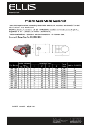 Holroyd Components Ltd.
Shire Hill Industrial Estate,
Saffron Walden, Essex
CB11 3AQ United Kingdom
Tel: +44 (0) 1799 523177
Fax: +44 (0) 1799 513714
sales@holroydcomponents.com
www.holroydcomponents.com

Phoenix Cable Clamp Datasheet www.holroydcomponents.com
UL and VDE approved manufacturing facilities

The Cableclamps have been successfully tested for fire resistance in accordance with BS 8491:2008 and
also BS 5839-1: 2002, section 26.2d.
Short Circuit testing in accordance with IEC 61914:2009 has also been completed successfully. (60.1kA,
Report PDL-09.203.1 Carried out at Damstra Laboratories NL)
The Phoenix Fire Rated Cableclamps are manufactured from 316L Stainless Steel.
Community Design Reg. No: 000355854-0002

Part Number
1FP-10SS
1FP-11SS
1FP-12SS
1FP-13SS
1FP-14SS
1FP-15SS
1FP-16SS
1FP-17SS
1FP-18SS
1FP-19SS
1FP-20SS

Cable Diameter
(mm)
Min
Max
10
13
13
16
16
19
19
23
23
27
27
32
32
38
38
46
46
51
51
57
57
65

Dimensions (mm)
H

W

D

E

Fixing
Holes

Approx. Weight (g)

21
24
27
31
35
40
46
54
59
64
73

40
44
47
51
55
60
66
74
80
85
93

40
40
40
40
40
40
40
40
40
40
40

13.7
13.7
13.7
13.7
13.7
13.7
13.7
13.7
13.7
13.7
13.7

1 x M10
1 x M10
1 x M10
1 x M10
1 x M10
1 x M10
1 x M10
1 x M10
1 x M10
1 x M10
1 x M10

91
106
114
126
140
155
176
202
225
245
265

Issue 02 23/08/2011 Page 1 of 1

Tel: +44 (0)191 490 1547
Fax: +44 (0)191 477 5371
Email: northernsales@thorneandderrick.co.uk
Website: www.cablejoints.co.uk
www.thorneanderrick.co.uk

 