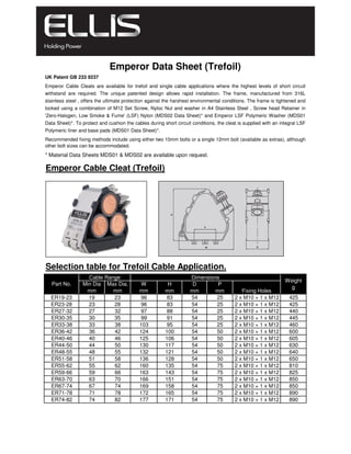 * Material Data Sheets MDS01 & MDS02 are available upon request.
Emperor Cable Cleat (Trefoil)
Selection table for Trefoil Cable Application.
ER19-23 19 23 96 83 54 25 425
ER23-28 23 28 96 83 54 25 425
ER27-32 27 32 97 88 54 25 440
ER30-35 30 35 99 91 54 25 445
ER33-38 33 38 103 95 54 25 460
ER36-42 36 42 124 100 54 50 600
ER40-46 40 46 125 106 54 50 605
ER44-50 44 50 130 117 54 50 630
ER48-55 48 55 132 121 54 50 640
ER51-58 51 58 136 128 54 50 650
ER55-62 55 62 160 135 54 75 810
ER59-66 59 66 163 143 54 75 825
ER63-70 63 70 166 151 54 75 850
ER67-74 67 74 169 158 54 75 850
ER71-78 71 78 172 165 54 75 890
ER74-82 74 82 177 171 54 75 890
2 x M10 + 1 x M12
2 x M10 + 1 x M12
Fixing Holes
2 x M10 + 1 x M12
2 x M10 + 1 x M12
2 x M10 + 1 x M12
2 x M10 + 1 x M12
2 x M10 + 1 x M12
2 x M10 + 1 x M12
2 x M10 + 1 x M12
2 x M10 + 1 x M12
2 x M10 + 1 x M12
2 x M10 + 1 x M12
2 x M10 + 1 x M12
2 x M10 + 1 x M12
2 x M10 + 1 x M12
2 x M10 + 1 x M12
Emperor Data Sheet (Trefoil)
Recommended fixing methods include using either two 10mm bolts or a single 12mm bolt (available as extras), although
other bolt sizes can be accommodated.
H
mm
Weight
g
P
mm
Part No.
Dimensions
Min Dia
mm
UK Patent GB 233 9237
Emperor Cable Cleats are available for trefoil and single cable applications where the highest levels of short circuit
withstand are required. The unique patented design allows rapid installation. The frame, manufactured from 316L
stainless steel , offers the ultimate protection against the harshest environmental conditions. The frame is tightened and
locked using a combination of M12 Set Screw, Nyloc Nut and washer in A4 Stainless Steel , Screw head Retainer in
'Zero-Halogen, Low Smoke & Fume' (LSF) Nylon (MDS02 Data Sheet)* and Emperor LSF Polymeric Washer (MDS01
Data Sheet)*. To protect and cushion the cables during short circuit conditions, the cleat is supplied with an integral LSF
Polymeric liner and base pads (MDS01 Data Sheet)*.
Max Dia.
mm
W
mm
Cable Range
D
mm
 