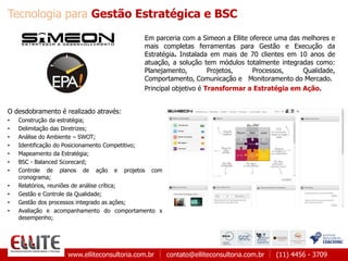 www.elliteconsultoria.com.br contato@elliteconsultoria.com.br (11) 4456 - 3709
Em parceria com a Simeon a Ellite oferece uma das melhores e
mais completas ferramentas para Gestão e Execução da
Estratégia. Instalada em mais de 70 clientes em 10 anos de
atuação, a solução tem módulos totalmente integradas como:
Planejamento, Projetos, Processos, Qualidade,
Comportamento, Comunicação e Monitoramento do Mercado.
Principal objetivo é Transformar a Estratégia em Ação.
O desdobramento é realizado através:
• Construção da estratégia;
• Delimitação das Diretrizes;
• Análise do Ambiente – SWOT;
• Identificação do Posicionamento Competitivo;
• Mapeamento da Estratégia;
• BSC - Balanced Scorecard;
• Controle de planos de ação e projetos com
cronograma;
• Relatórios, reuniões de análise crítica;
• Gestão e Controle da Qualidade;
• Gestão dos processos integrado as ações;
• Avaliação e acompanhamento do comportamento x
desempenho;
Tecnologia para Gestão Estratégica e BSC
 