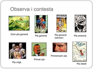 Observa i contesta



Gran pla general                     Pla general
                    Pla general                     Pla americà
                                     (sencer)




                                  Primeríssim pla
                   Primer pla
 Pla mitjà
                                                      Pla detall
 