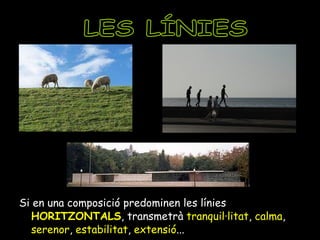 Si en una composició predominen les línies  HORITZONTALS , transmetrà  tranquil·litat ,  calma ,  serenor ,  estabilitat ,  extensió ... LES LÍNIES 