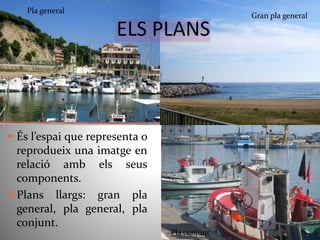 ELS PLANS 
 És l’espai que representa o 
reprodueix una imatge en 
relació amb els seus 
components. 
Plans llargs: gran pla 
general, pla general, pla 
conjunt. 
Gran pla general 
Pla general 
Pla conjunt 
 