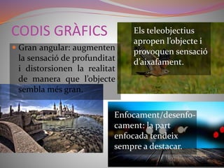 CODIS GRÀFICS 
 Gran angular: augmenten 
la sensació de profunditat 
i distorsionen la realitat 
de manera que l’objecte 
sembla més gran. 
Els teleobjectius 
apropen l’objecte i 
provoquen sensació 
d’aixafament. 
Enfocament/desenfo-cament: 
la part 
enfocada tendeix 
sempre a destacar. 
 