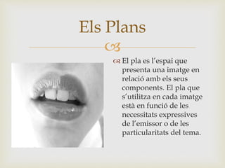 
 El pla es l’espai que
presenta una imatge en
relació amb els seus
components. El pla que
s’utilitza en cada imatge
està en funció de les
necessitats expressives
de l’emissor o de les
particularitats del tema.
Els Plans
 