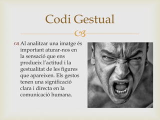 
 Al analitzar una imatge és
important aturar-nos en
la sensació que ens
produeix l’actitud i la
gestualitat de les figures
que apareixen. Els gestos
tenen una significació
clara i directa en la
comunicació humana.
Codi Gestual
 