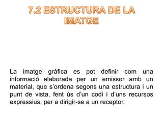 La imatge gràfica es pot definir com una 
informació elaborada per un emissor amb un 
material, que s’ordena segons una estructura i un 
punt de vista, fent ús d’un codi i d’uns recursos 
expressius, per a dirigir-se a un receptor. 
 