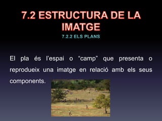 7.2 ESTRUCTURA DE LA
IMATGE
• La imatge gràfica es pot definir com
una informació elaborada per un
emissor, amb un material (elements
gràfics), que s'ordena segons una
estructura i un punt de vista, fent ús
d'un codi i d'uns recursos expressius
per a dirigir-se a un receptor.
 