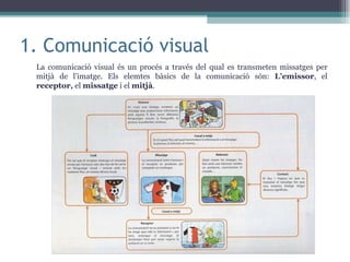 1. Comunicació visual La comunicació visual és un procés a través del qual es transmeten missatges per mitjà de l’imatge. Els elemtes bàsics de la comunicació són:  L’emissor , el  receptor,  el  missatge  i el  mitjà . 