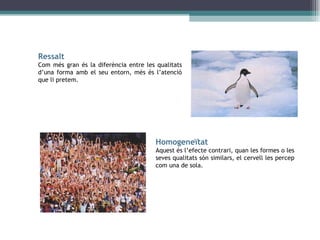 Ressalt Com més gran és la diferència entre les qualitats d’una forma amb el seu entorn, més és l’atenció que li pretem. Homogeneïtat Aquest és l’efecte contrari, quan les formes o les seves qualitats són similars, el cervell les percep com una de sola. 