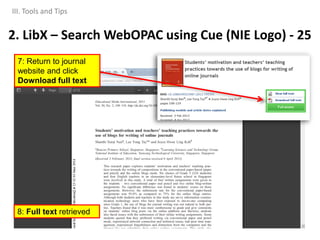 III. Tools and Tips
2. LibX – Search WebOPAC using Cue (NIE Logo) - 25
7: Return to journal
website and click
Download full text
8: Full text retrieved
 