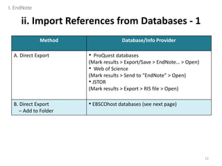 ii. Import References from Databases - 1
Method Database/Info Provider
A. Direct Export • ProQuest databases
(Mark results > Export/Save > EndNote… > Open)
• Web of Science
(Mark results > Send to “EndNote” > Open)
• JSTOR
(Mark results > Export > RIS file > Open)
B. Direct Export
– Add to Folder
• EBSCOhost databases (see next page)
12
I. EndNote
 