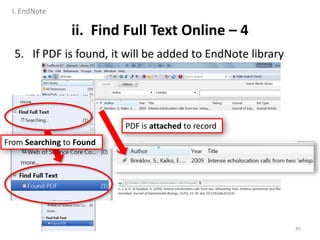 ii. Find Full Text Online – 4
5. If PDF is found, it will be added to EndNote library
45
3
From Searching to Found
PDF is attached to record
I. EndNote
 
