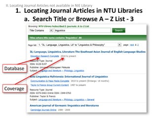 Database
Coverage
II. Locating Journal Articles not available in NIE Library
1. Locating Journal Articles in NTU Libraries
a. Search Title or Browse A – Z List - 3
 
