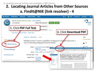 2. Locating Journal Articles from Other Sources
a. FindIt@NIE (link resolver) - 4
II. Locating Journal Articles not available in NIE Library
6. Click Download PDF
5. Click PDF Full Text
 