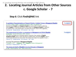 Step 6: Click FindIt@NIE link
2. Locating Journal Articles from Other Sources
c. Google Scholar - 7
II. Locating Journal Articles not available in NIE Library
 