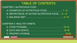 TABLE OF CONTENTS
CHAPTER I: NUTRITIOUS FOOD
A. EXAMPLES OF NUTRITIOUS FOOD………………… 1 - 5
B. IMPORTANCE OF EATING NUTRITIOUS FOOD…. 6 – 8
C. BALANCE DIET …..…………………………………..…. 9 -10
CHAPTER II: HEALTHY HABITS
A. FOOD PYRAMID…………………………………..…….. 12-14
B. DO’S AND DONTS………………….…………………... 15-18
C. PROPER HYGIENE………………………………………. 19-20
 