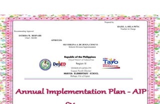 Prepared by:
HAZEL A. DELA PEÑA
Teacher in Charge
Recommending Approval:
ASTRIDA M. BERNABE
Chief - SGOD
APPROVED:
SILVERLINA A. DE JESUS, CESO VI
Schools Division Superintendent
Republic of the Philippines
Department of Education
Region III
DIVISION OF GAPAN CITY
Gapan North District
MABUGA ELEMENTARY SCHOOL
Mabuga, City of Gapan
 