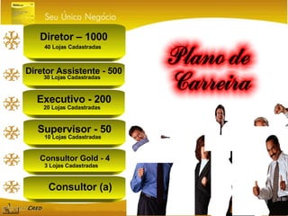 Executivo - 200 20 Lojas Cadastradas Diretor – 1000 40 Lojas Cadastradas Diretor Assistente - 500 30 Lojas Cadastradas Supervisor - 50 10 Lojas Cadastradas Consultor Gold - 4 3 Lojas Cadastradas Consultor (a) 