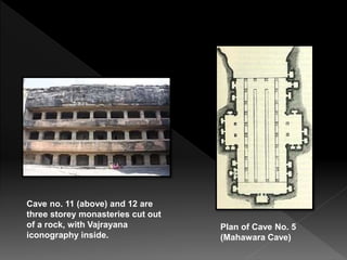 Cave no. 11 (above) and 12 are
three storey monasteries cut out
of a rock, with Vajrayana
iconography inside.
Plan of Cave No. 5
(Mahawara Cave)
 