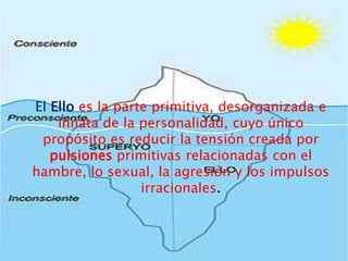 El Ello es la parte primitiva, desorganizada e
    innata de la personalidad, cuyo único
 propósito es reducir la tensión creada por
   pulsiones primitivas relacionadas con el
hambre, lo sexual, la agresión y los impulsos
                  irracionales.
 