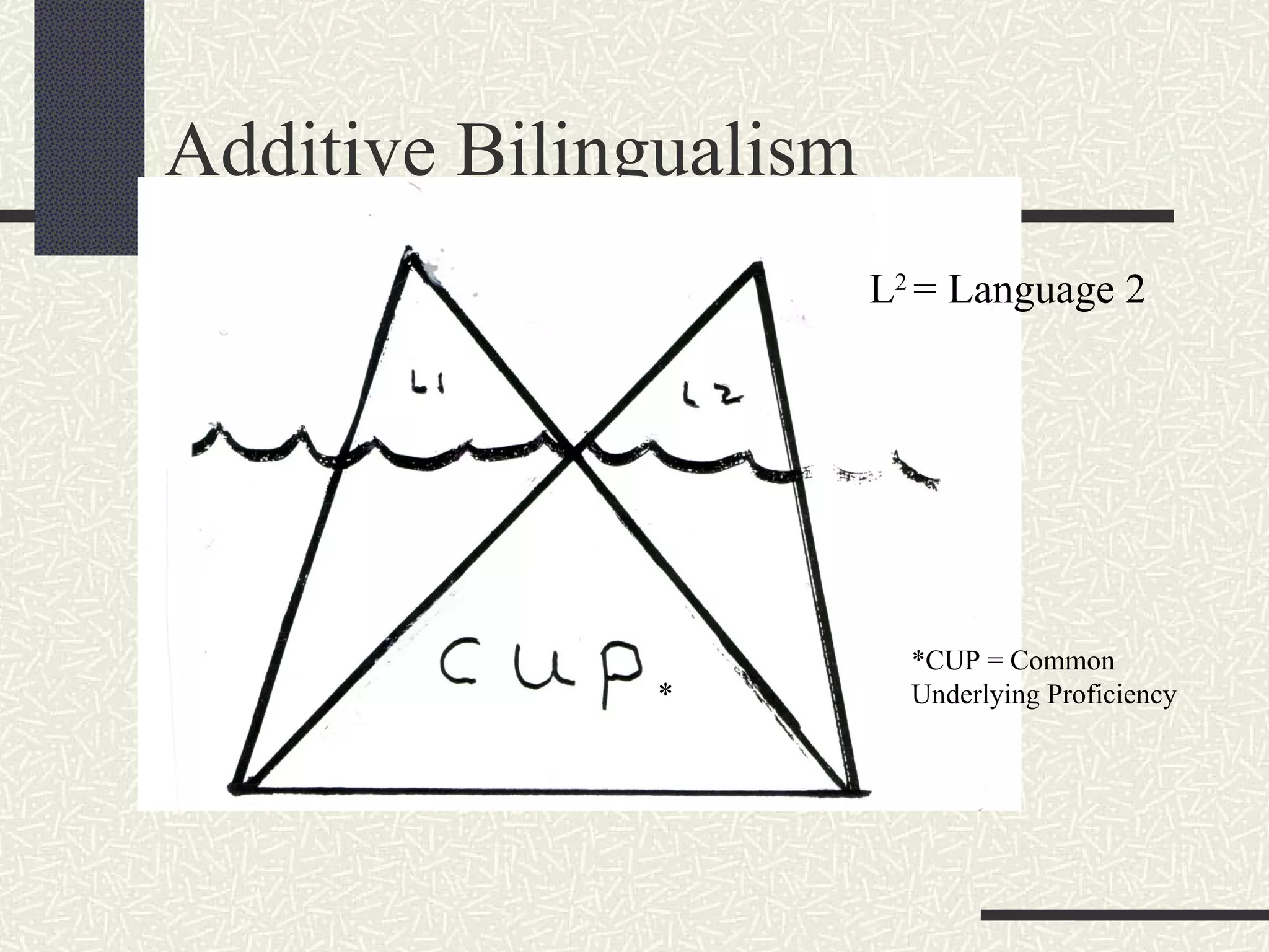 Additive Bilingualism L 2  = Language 2 *CUP = Common Underlying Proficiency * 