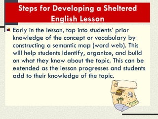 Steps for Developing a Sheltered English Lesson Early in the lesson, tap into students’ prior knowledge of the concept or vocabulary by constructing a semantic map (word web). This will help students identify, organize, and build on what they know about the topic. This can be extended as the lesson progresses and students add to their knowledge of the topic. 