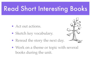 Read Short Interesting Books

  • Act out actions.
  • Sketch key vocabulary.
  • Reread the story the next day.
  • Work on a theme or topic with several
    books during the unit.
 