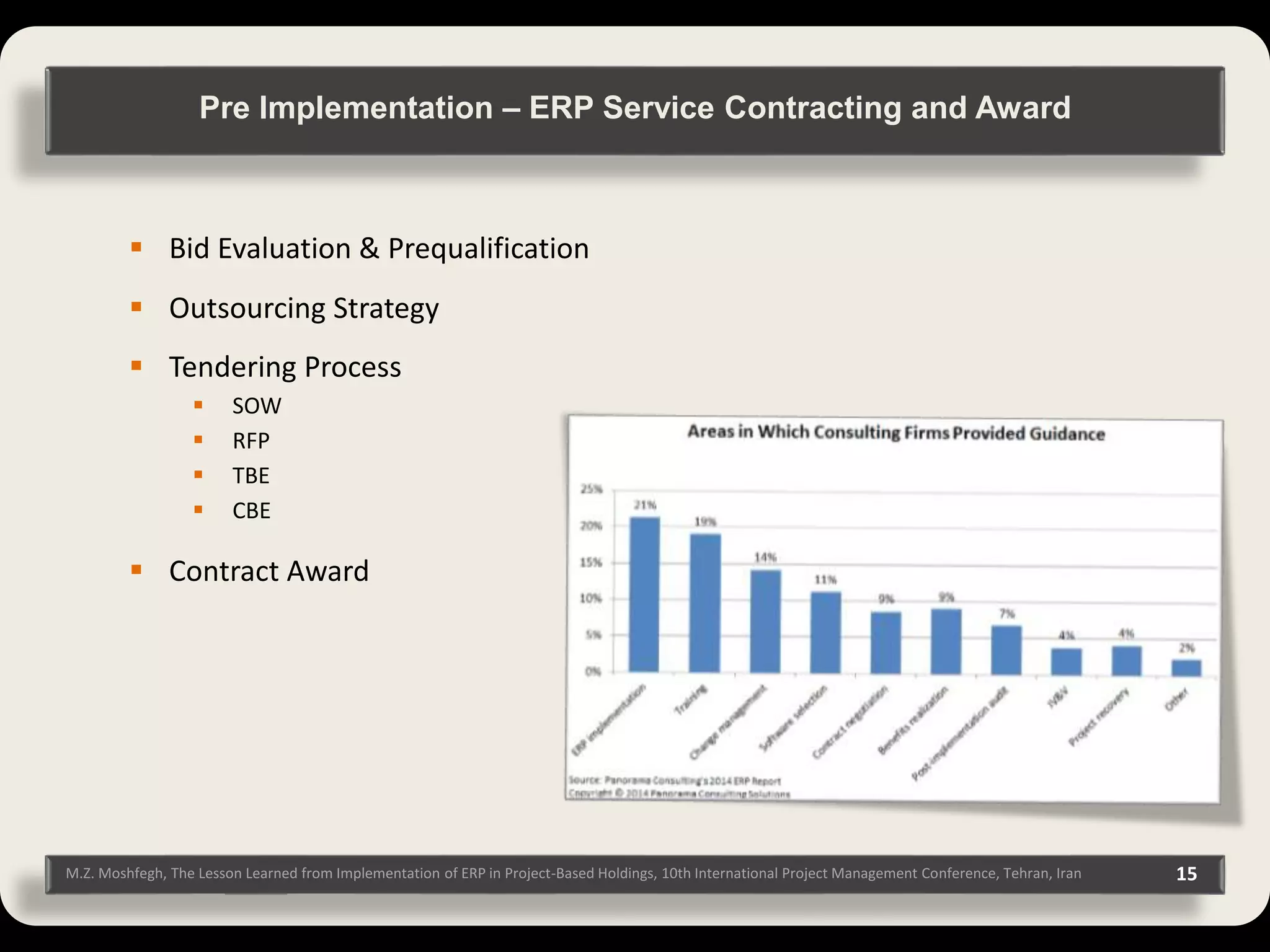 M.Z. Moshfegh, The Lesson Learned from Implementation of ERP in Project-Based Holdings, 10th International Project Management Conference, Tehran, Iran 15  Bid Evaluation & Prequalification  Outsourcing Strategy  Tendering Process  SOW  RFP  TBE  CBE  Contract Award Pre Implementation – ERP Service Contracting and Award 