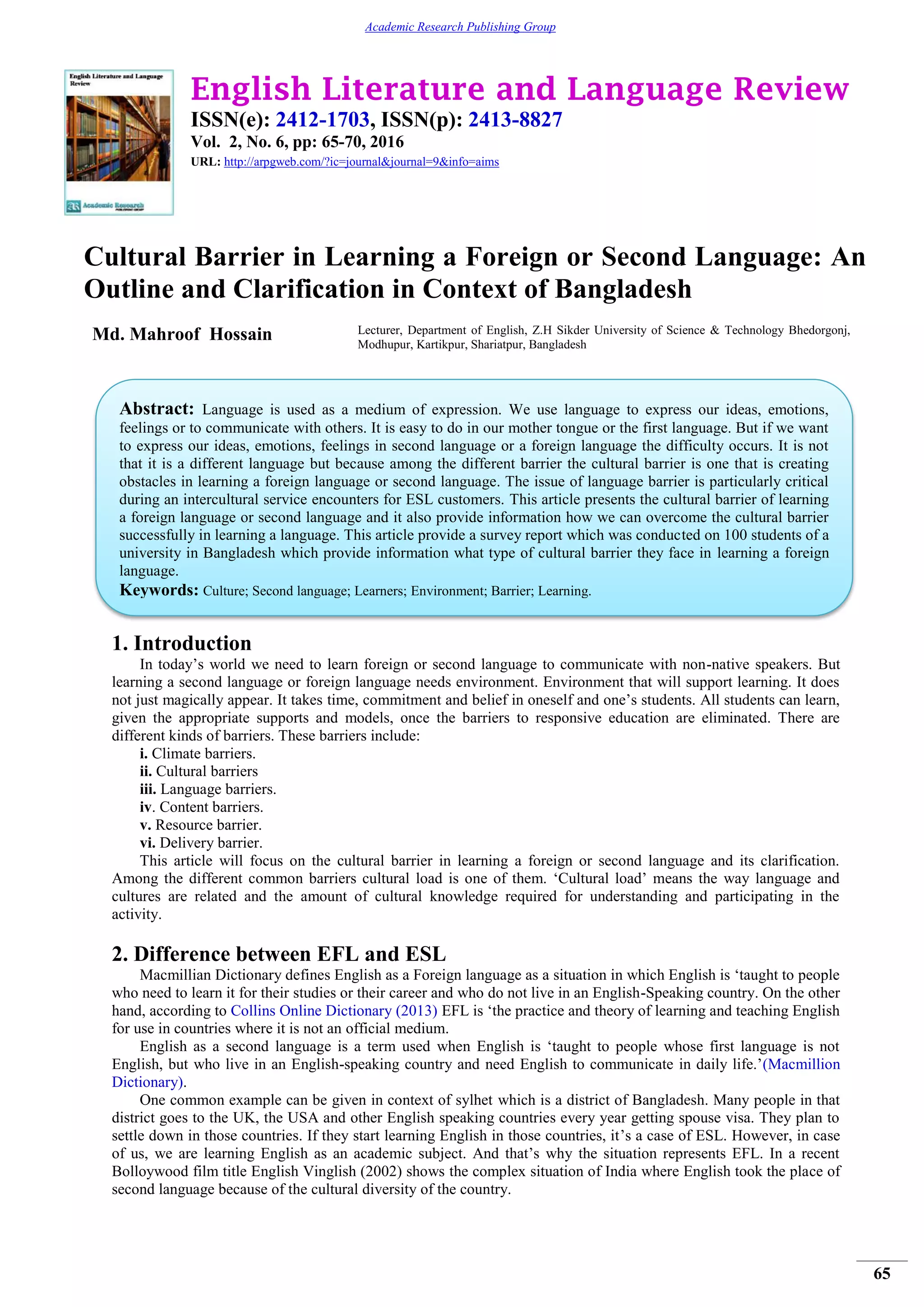 Cultural Barrier in Learning a Foreign or Second Language: An Outline ...