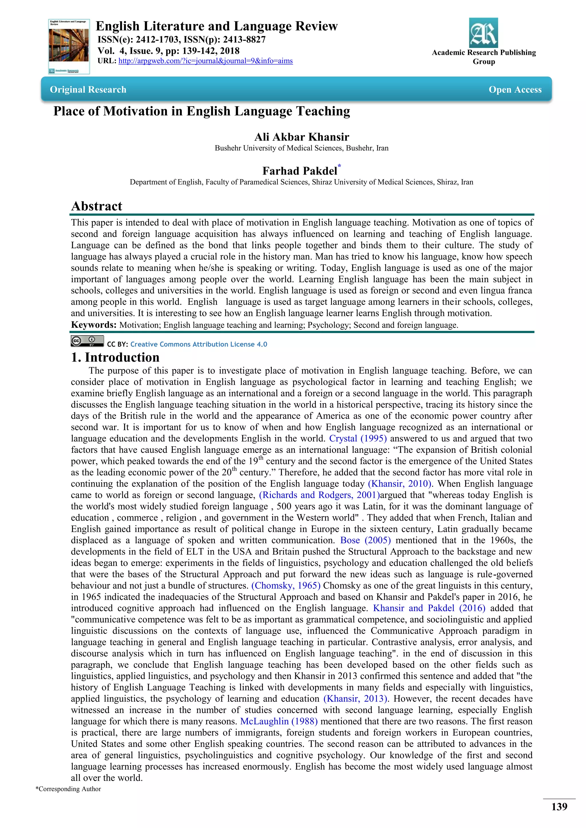 Place of Motivation in English Language Teaching | PDF