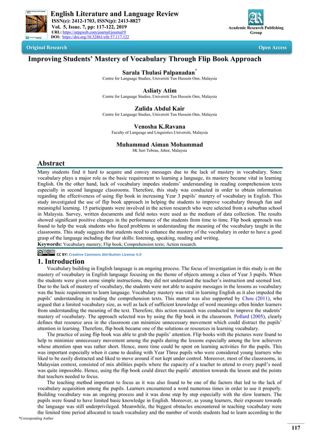 Improving Students’ Mastery of Vocabulary Through Flip Book Approach PDF