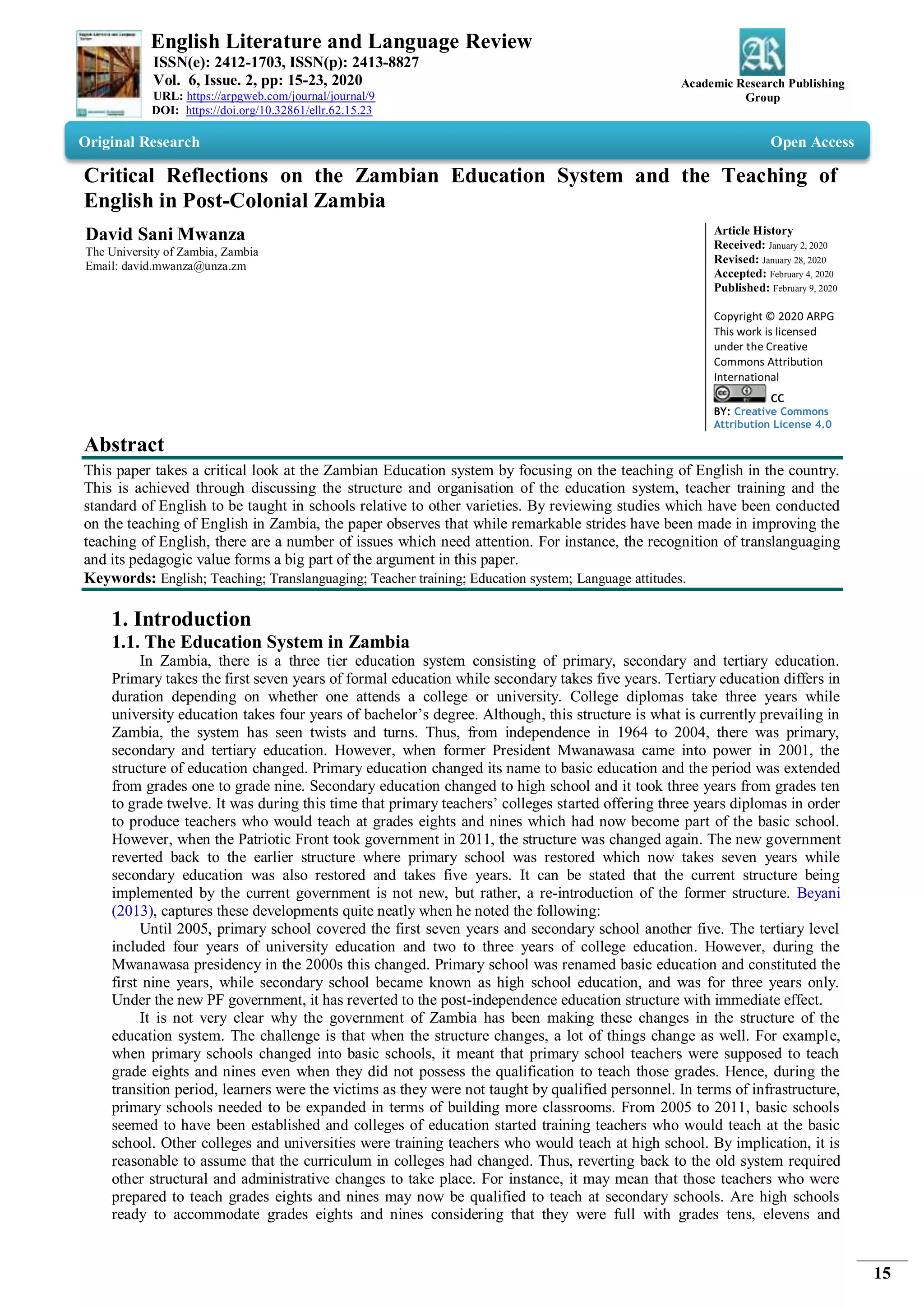 Critical Reflections on the Zambian Education System and the Teaching