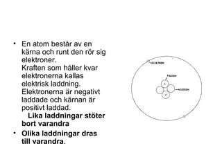 • En atom består av en
kärna och runt den rör sig
elektroner.
Kraften som håller kvar
elektronerna kallas
elektrisk laddning.
Elektronerna är negativt
laddade och kärnan är
positivt laddad.
Lika laddningar stöter
bort varandra
• Olika laddningar dras
till varandra.
 